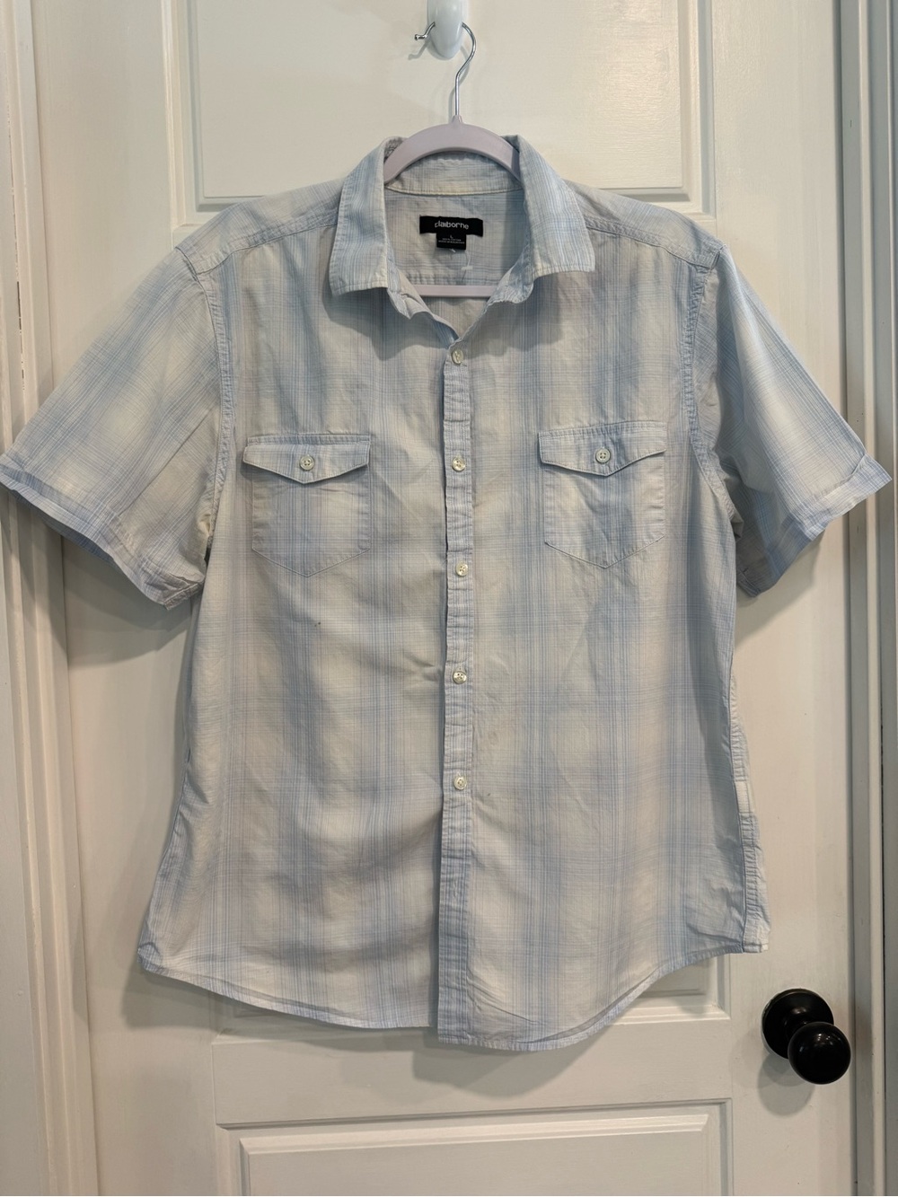 Claiborne Light Blue Short-Sleeve Plaid Shirt - Men Size L %100 Cotton